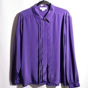 VTG Purple Satin Gold Buttons Pleated Blouse 16 Jewel Tone Glamoratti Secretary